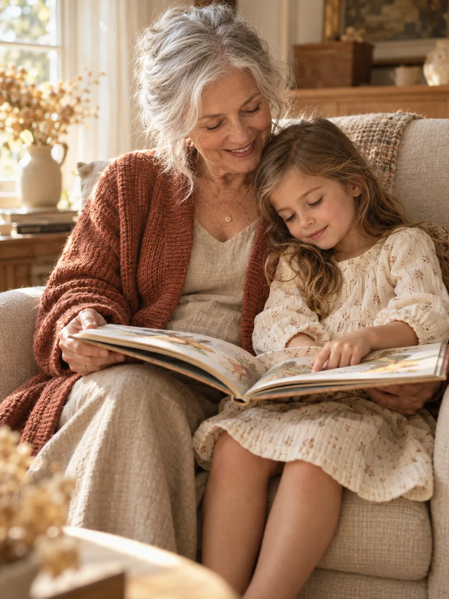 A grandmother and her young granddaughter sharing a picture book in a cozy armchair